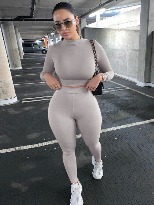 Solid Long Sleeve Crop Tracksuit