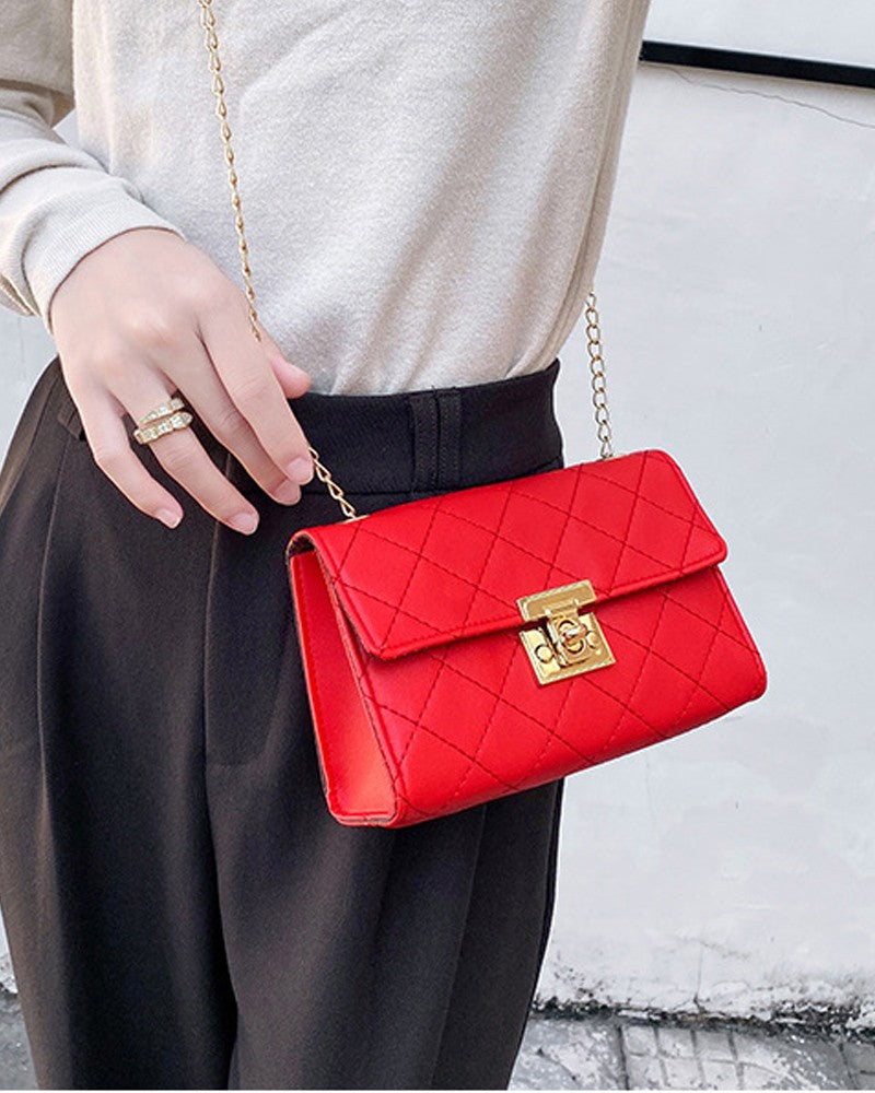 Quilted Twist Lock Chain Strap Flap Shoulder Bag