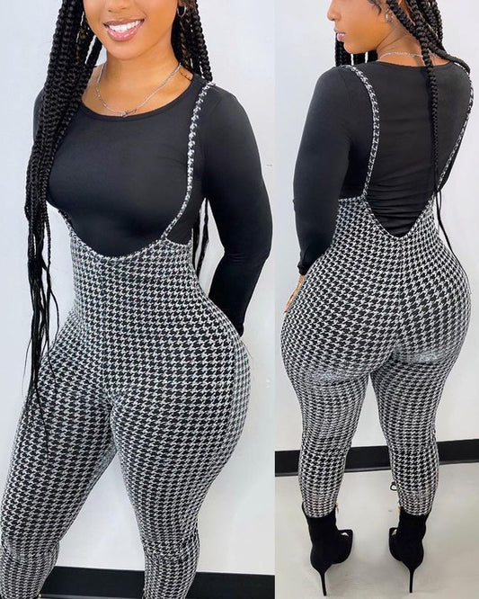 Houndstooth Print Skinny Suspender Jumpsuit
