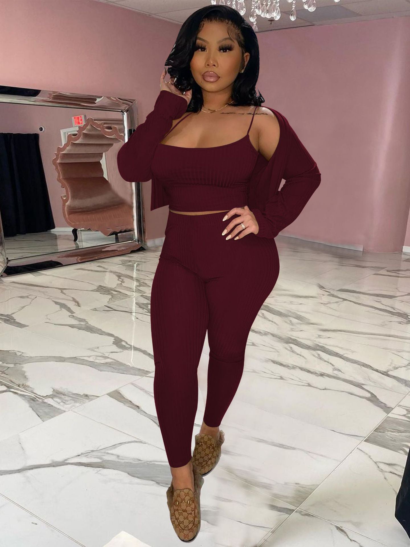 Solid Tank Long Coat 3 Piece Pant Sets