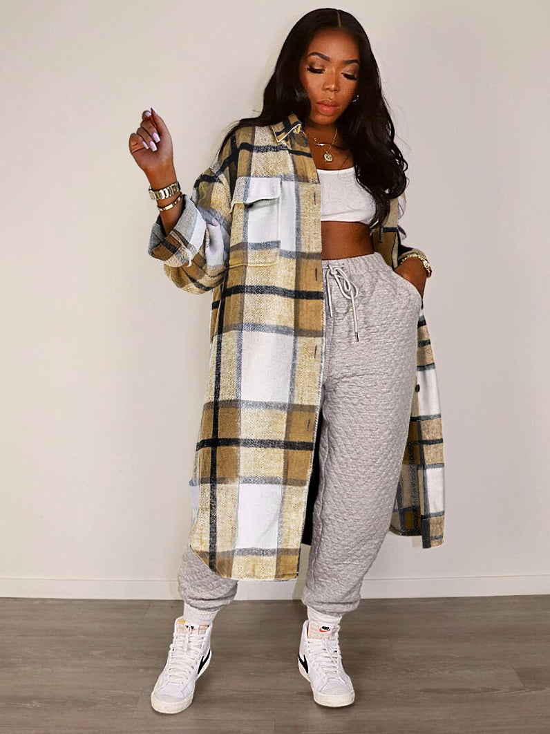 Contrast Color Plaid Long Coat