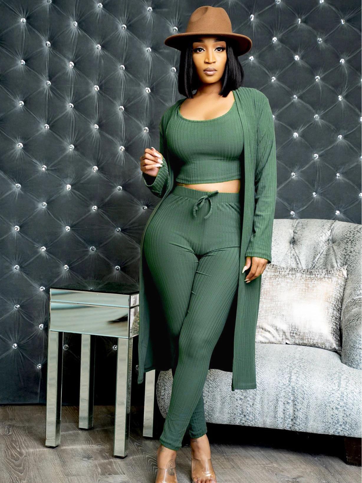 Solid Tank Long Coat 3 Piece Pant Sets