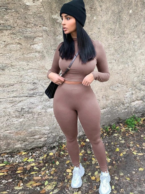 Solid Long Sleeve Crop Tracksuit