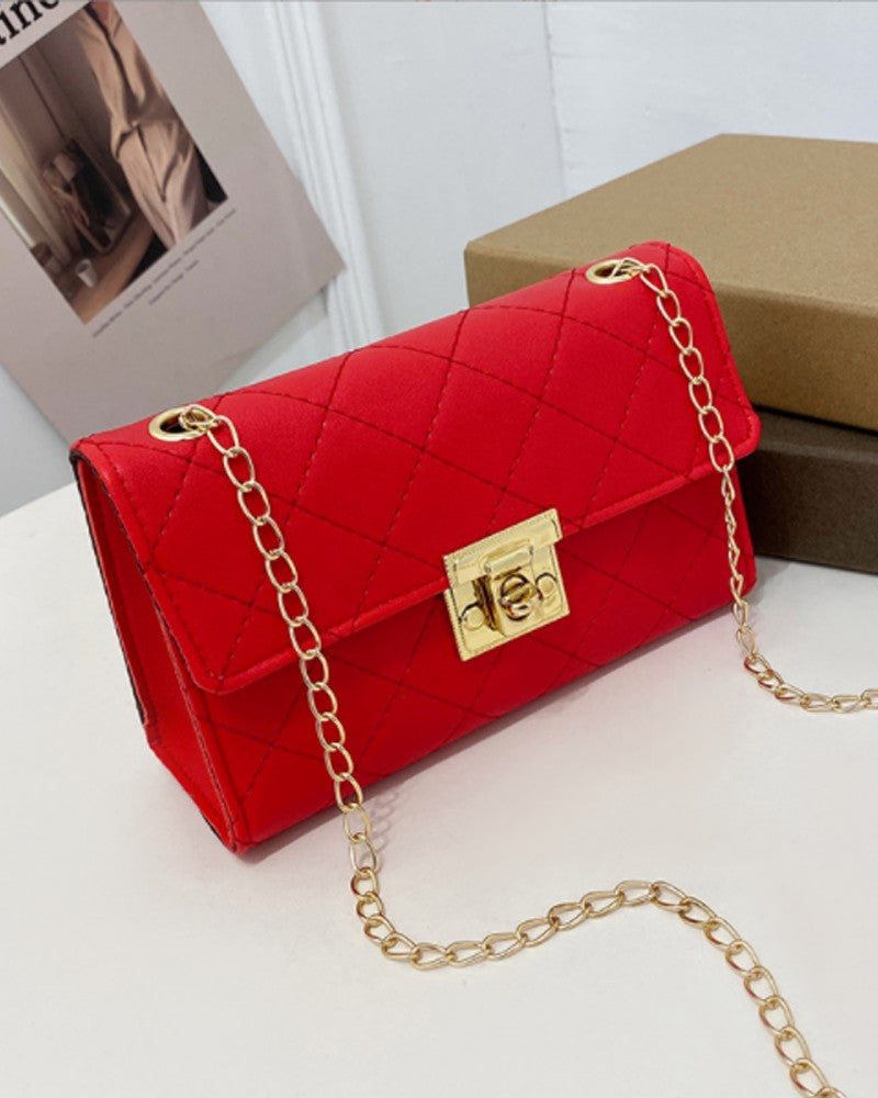 Quilted Twist Lock Chain Strap Flap Shoulder Bag