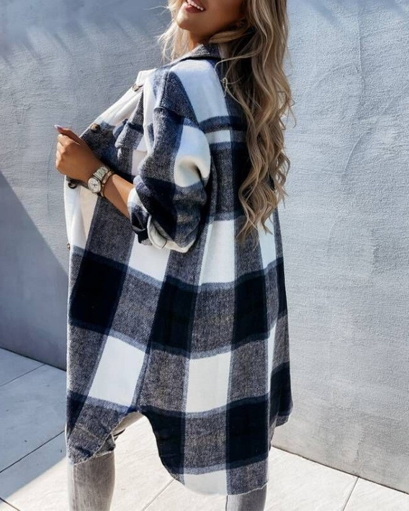 Casual Plaid Long Sleeve Coat Medium Length