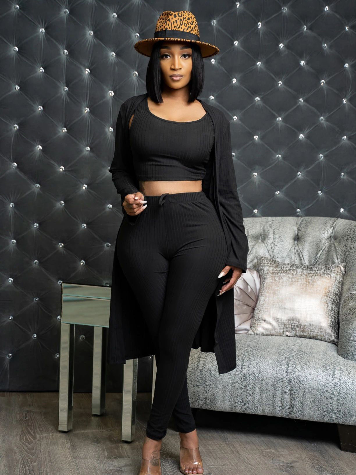 Solid Tank Long Coat 3 Piece Pant Sets