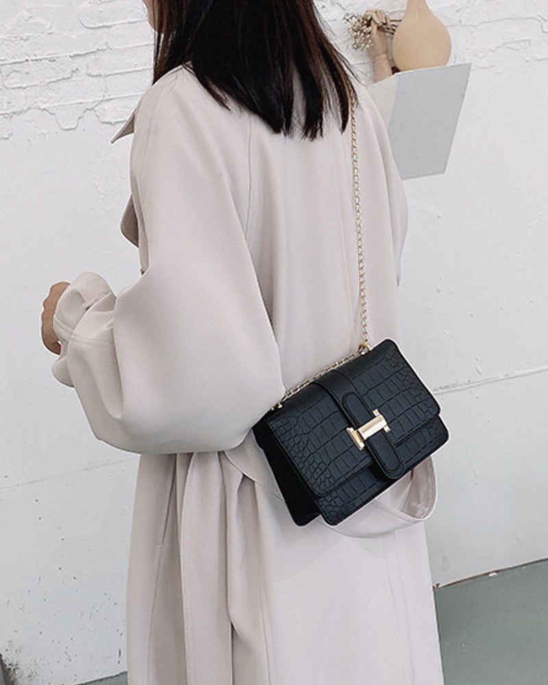 Embossed Chain Strap Flap Shoulder Bag