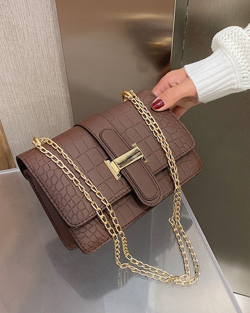 Embossed Chain Strap Flap Shoulder Bag