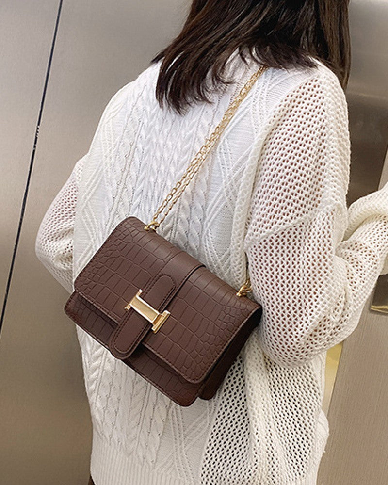 Embossed Chain Strap Flap Shoulder Bag